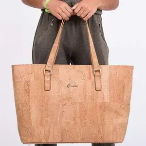 Cork Bag Tote Custom Natural Cork Leather Material Shopping Bag New Design Recycled Cork Handle Bag Gold Portugal Cork Tote Bag Woman