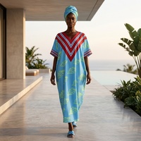 Gaun Kaftan Afrika Model Kimono Boubou Ukuran Besar Longgar Berbahan Poliester Motif Daun dengan Kerah Chevron untuk Gereja, Produksi Pabrik OEM