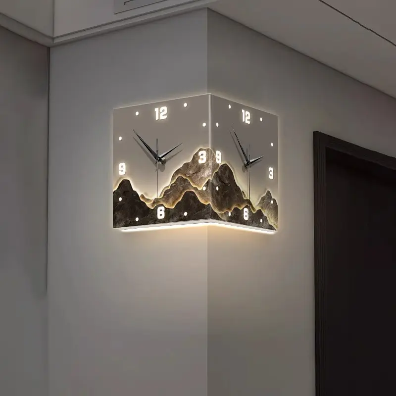 3D led light corner clock square living room simple double-sided clock iron digital hollowed-out double-sided hanging clock