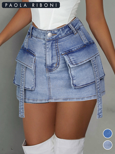 Mini-jupe en jean taille haute pour femme, style cargo avec grandes poches, coupe slim, volants et micro-ceinture, tendance été sexy - Product Image 1