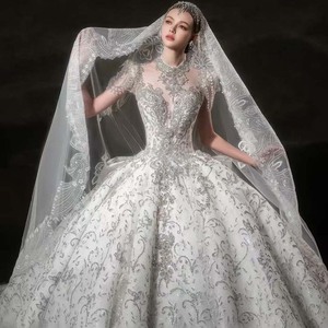 Hz022 Opulent <b>Silver</b> White High Illusion Collar Full Body Baroque Swirl Beaded Cathedral Ball Gown <b>Wedding</b> <b>Dress</b> Jancember - Product Image 6