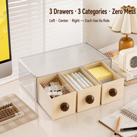 Organisateur de bureau à 3 tiroirs en PET HIPS transparent, boîte de rangement empilable à triple section, dessus côtelé, poignée boule crème, OEM