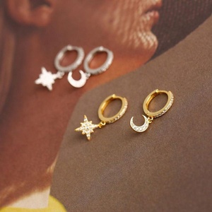 Needle Versatile Korean Style Women's Dangle Earrings Diamond European American <b>Light</b> Luxury <b>Star</b> Moon Design Copper - Product Image 3