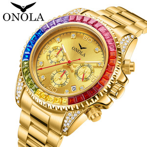Reloj de diamantes de arcoíris de moda para hombre ONOLA Business multifuncional cuarzo acero inoxidable con reloj dorado resistente al agua ON6842G - Product Image 1