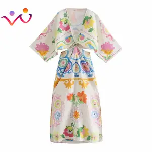 Perempuan Seksi V Neck Cetak Bunga Sisi Terpisah Linen Kimono Midi Gaun Wanita Chic Pinggang Berongga Keluar Rajutan Vestido Gaun Kasual