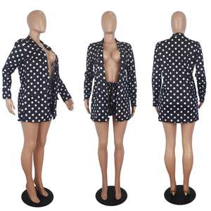 90826-MX25 Ensemble court 2 pièces pour femme, taille mi-haute, en polyester, imprimé pois, style blazer, été automne - Product Image 4