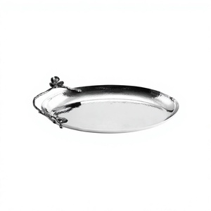 Silver Metal Serving <b>Tray</b> With Accent Handles Oval Shape for Home Restaurant Tableware <b>Snacks</b> & Drinks Serving <b>Trays</b> - Product Image 1