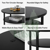 Table basse à 2 niveaux, plateau rond naturel, double rangement, finition noire minimaliste, table d'appoint pour salon