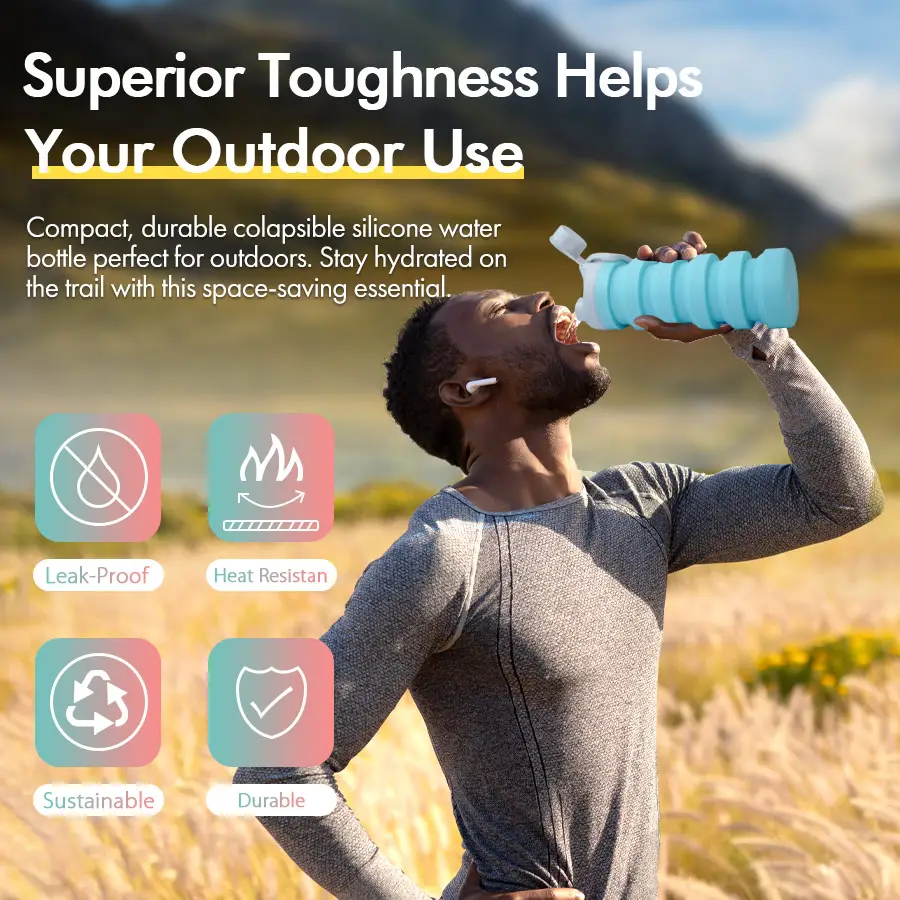 Bpa ücretsiz özel seyahat kamp yürüyüş bisiklet Yoga spor açık hafif kullanımlık sızdırmaz silikon katlanabilir su şişesi