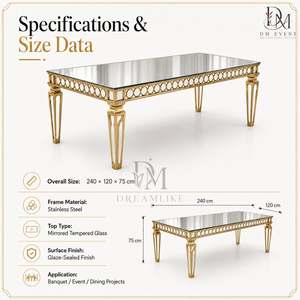 Luxury Stainless Steel <b>Mirror</b> Top Dining Table Set with <b>Ornate</b> High Back Chairs for Wedding Banquet Supply - Product Image 5