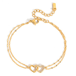 Bracelet double anneau en forme de cœur en alliage de zinc avec strass sertis clos, bijou cadeau - Product Image 5