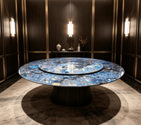 Table à manger moderne de luxe en granit naturel bleu Labrador avec plateau tournant Lazy Susan et pieds en métal, 8 places, mobilier de maison