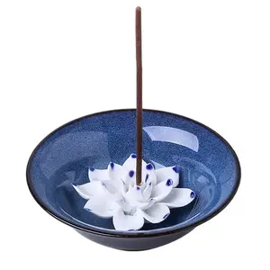 향 홀더 스틱, 세라믹 수공예 향로 그릇, 코일 연꽃 애쉬 포수 트레이 4.62 인치 다크 블루