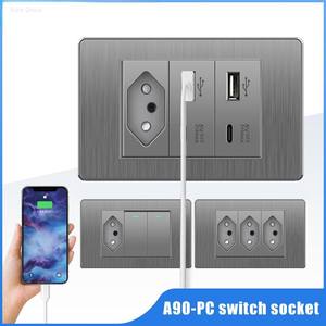 Prise murale USB en PC gris brossé, norme brésilienne, panneau de prise électrique, type 118, prise murale 6 broches - Product Image 2