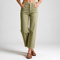 Jean droit taille haute vert olive avec ourlet brut et pantalon en denim pour femme, idéal pour les trajets quotidiens en automne