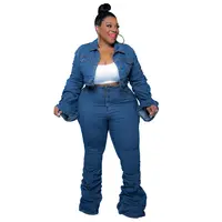 Женские джинсовые брюки с длинным рукавом и оборками, новый дизайн, повседневные Лоскутные Джинсовые комплекты для женщин, комплект из 2 предметов для женщин