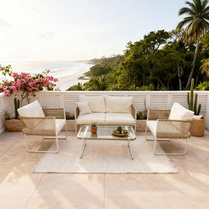 Ensemble de conversation d'extérieur 4 pièces Caribéen avec structure en aluminium, coussins personnalisables et table basse supérieure pour terrasse frontale sur la plage - Product Image 1