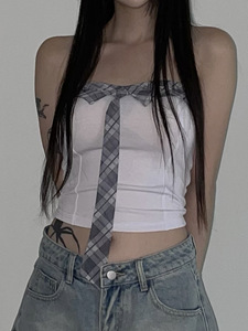 Little Hot sale Hottie Sexy Plaid Tie Patchwork tops Summer Short Y2K ropa básica tops mujeres para vacaciones - Product Image 2