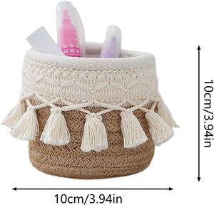 Bohemian Handmade Woven Basket Small Cotton Rope <b>Storage</b> Bin <b>with</b> Macrame Fringe for Cosmetic Tools Desktop Stationery Holder - Product Image 3