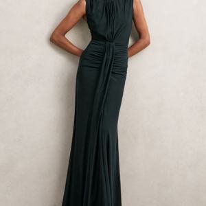 Vestido Maxi Bohemio 100% Algodón en Verde Azulado, Cintura Elástica con Volantes, Cuello Cuadrado, Estilo Casual de Verano, Patrón Tejido con Parches - Product Image 1