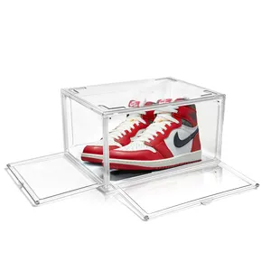 Transparent Acrylic Magnetic Drop Side Open Door Shoe Storage Container Box Foldable Sneaker Organizer Case for Shoe