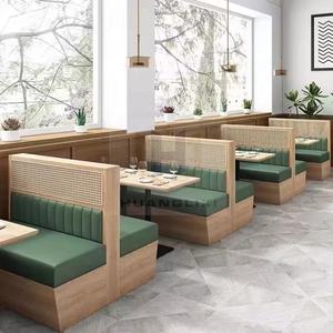 Sièges de restaurant commerciaux modernes, cadre en <span class=keywords><strong>bois</strong></span>, tapisserie d'ameublement en PU, rotin naturel, canapé de stand à l'arrière - Product Image 2