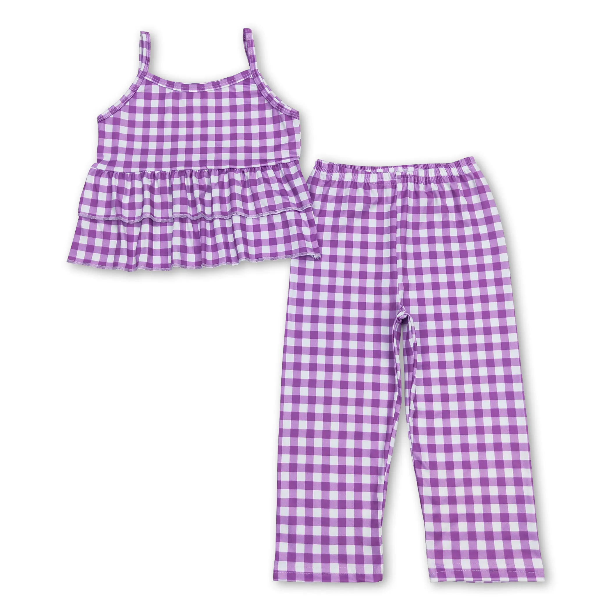 Set pakaian kain kotak-kotak ungu, setelan baju musim panas anak perempuan modis