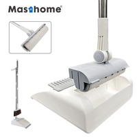 Ensemble balai et pelle 3-en-1 en plastique gris argenté avec manche en acier inoxydable de haute qualité et rouleau anti-peluches blanc
