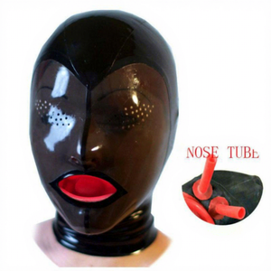 Masque en latex sexy pour fétichisme, avec trous pour les yeux, bâillon pour la bouche, tube nasal et fermeture éclair arrière, pour usage BDSM adulte - Marque pour partenaire intime - Product Image 1