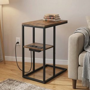 <span class=keywords><strong>Table</strong></span> rustique à 2 niveaux avec ports USB Type-C et prises pour petits espaces, <span class=keywords><strong>table</strong></span> d'appoint en métal noir avec station de charge - Product Image 1