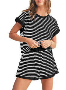 Women Striped Two <b>Piece</b> Shorts <b>Set</b> Casual Contrast Color Short Sleeve Top and Shorts Outfit Breathable Loose Fit - Product Image 5