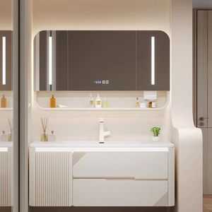 Armoire de salle de bain blanche à coins arrondis, armoire miroir intelligente, comptoir blanc, lavabo à coins arrondis - Product Image 2