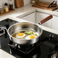 Ensemble de poêles à steak et sauteuses antiadhésives en acier inoxydable 304 à fond plat, poêle de cuisson ronde avec poignée en bois pour gaz et induction