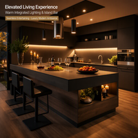 Meubles de cuisine modernes minimalistes de luxe sur mesure avec éclairage LED intégré, finition noir mat, îlot de cuisine modulaire