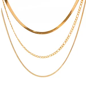 J&D Fashion Jewelry Women Necklaces Herringbone 18K Gold Plated Flat Chain Snake Layered Necklace