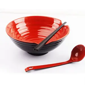 Top grade matte & shinny noodle bowl red with notch, set of 3 large japanese ramen bowl with chopstick