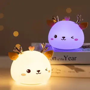Colorful Deer Night Light Silicone Touch Sensor Cute Animal Soft USB Rechargeable Lamps for Children Bedroom Baby Christmas Gift