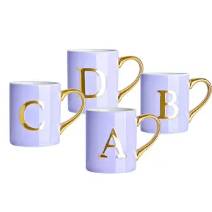 OEM дизайн фиолетовый синий цвет чай молоко кофе чашка на заказ логотип кружка посуда для питья керамическая чашка латте с золотой ручкой