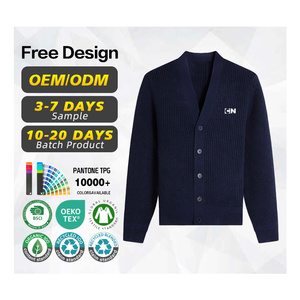 Fabricante de prendas de punto con certificación GRS, suéter cárdigan de punto acanalado con cuello en V, de lana, de lujo, de alta calidad, con logotipo personalizado para hombre, con botones - Product Image 1