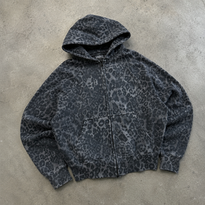 Sudadera con capucha negra personalizada <span class=keywords><strong>de</strong></span> diseñador con estampado <span class=keywords><strong>de</strong></span> leopardo, <span class=keywords><strong>de</strong></span> felpa francesa <span class=keywords><strong>de</strong></span> alto gramaje, estilo urbano, oversize, con cremallera para <span class=keywords><strong>hombre</strong></span> - Product Image 1