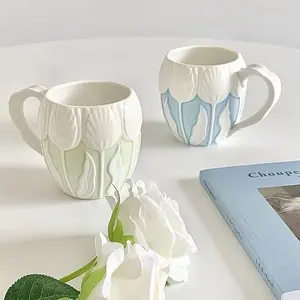 Taza de cerámica de tulipán de tres dimensiones para chica, vaso de agua de leche para el desayuno