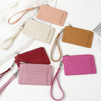 Dompet Kartu Minimalis Kulit PU dengan Tali Lepas Pasang, Kantong Koin Resleting, Dompet Kartu Tipis Wanita, Hadiah