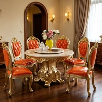 Ensemble de table à manger ronde en marbre de luxe européen, chaises de salle à manger avec cadre, revêtement en cuir PU, meubles de salle à manger pour la maison, vente en gros