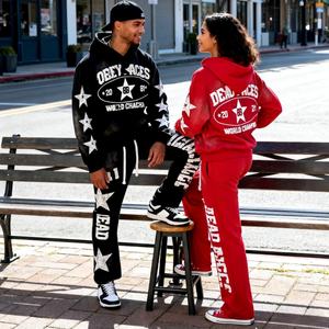 Conjunto de Sudadera con Capucha y Pantalones Deportivos Unisex con Parches Bordados y Efecto Desgastado, Lavado Ácido y Decolorado por el Sol, Estilo Urbano Personalizado - Product Image 1