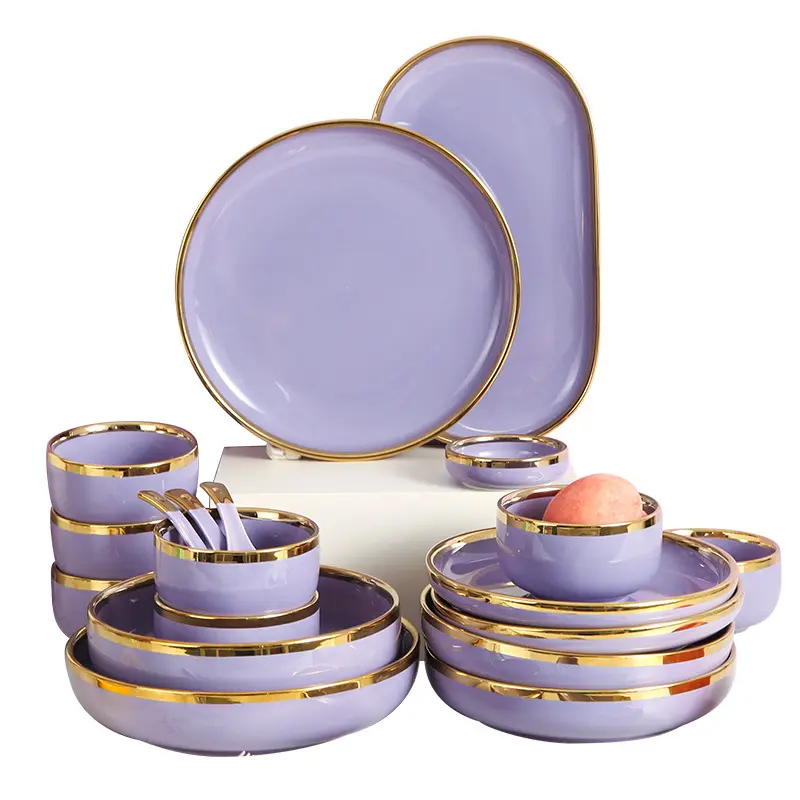 Nordic style ceramic western dishes bowl spoon plate with golden rim purple tableware set