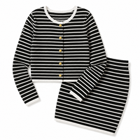 Ensemble deux pièces pull cardigan tricoté rayé boutonné et jupe, personnalisé ODM, pour femme, collection automne-hiver, vente en gros