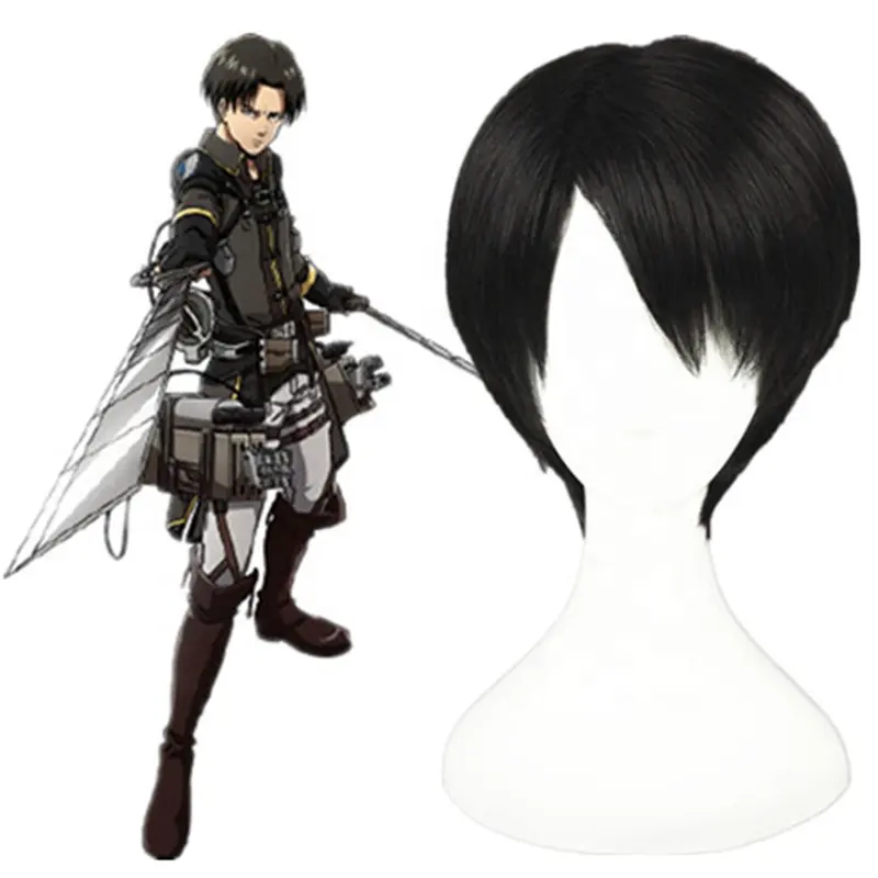 High Quality 35cm Short Straight Attack on Titan Anime Rivaille Wig Cosplay Dark Brown Synthetic Halloween Party Hair Wig