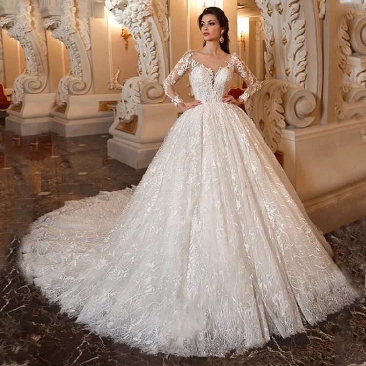 2020 New Pattern Sheer O Neck Long Sleeve French Lace Wedding Dresses Luxury Newest Bridal Gowns