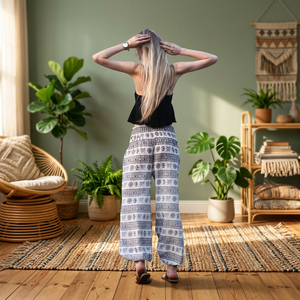 Pantalones Harem Aladdin Gypsy, Pantalones Casuales Blancos con Estampado Om Aum, Estilo Bohemio Indio, para Baba Hippie, Corte Regular, 100% Algodón Orgánico - Product Image 6