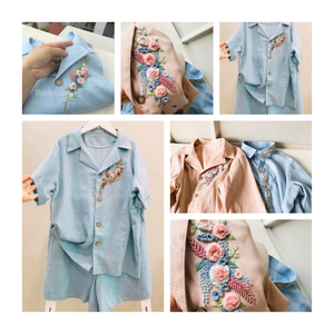 Elegante conjunto de pijama bordado en azul claro para mujer, ropa de dormir de lino suave con detalles florales, camisa con botones y pantalones cortos - Product Image 3